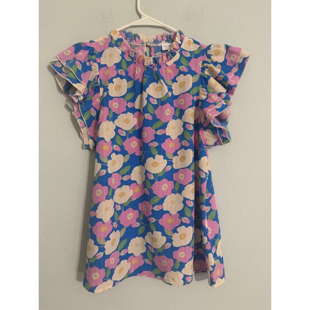 Shop the Mint Blue Pink Floral Ruffle Flutter Sleeve High Neck Blouse Medium